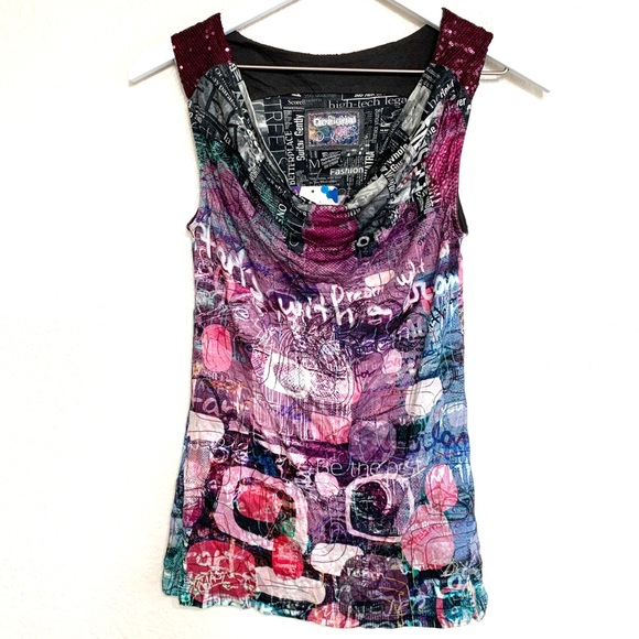 Desigual Tops Desigual Sequin Cowl Neck Newspaper Print Tank Top